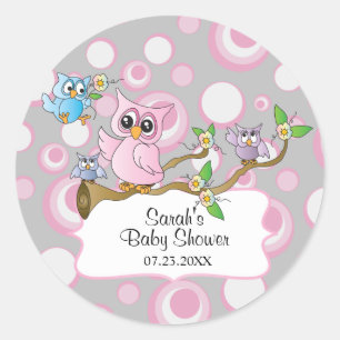 Sticker Rond Bébé de Chouette rose et gris