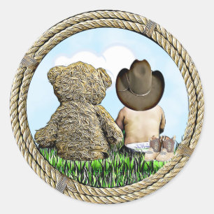 Sticker Rond Bébé de cowboy et d'ours de nounours