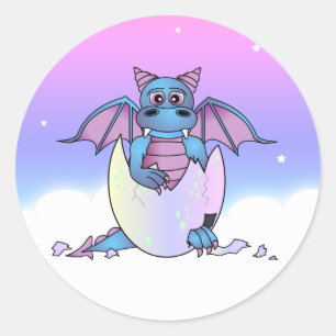 Sticker Rond Bébé de Dragon mignon dans Oeuf Cracké - Bleu / Vi