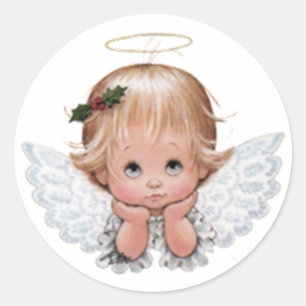 Sticker Rond Bébé de Noël mignon tête d'ange dans les mains