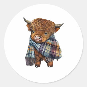 Sticker Rond Bébé De Vache De West Highland Avec Écharpe Plaid