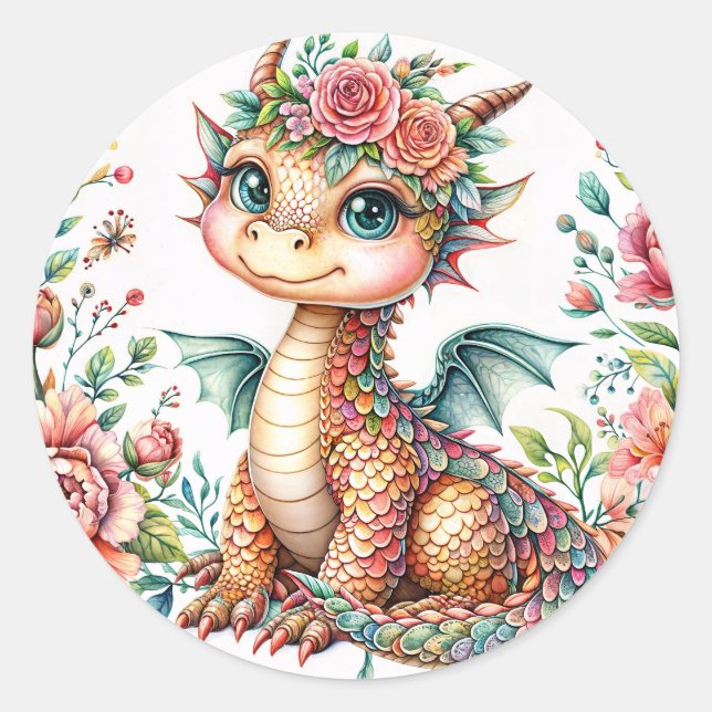 Sticker Rond Bébé Dragon Fleurissant – Aquarelle Florale (Devant)