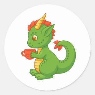 Sticker Rond Bébé dragon mignon tenant une tasse