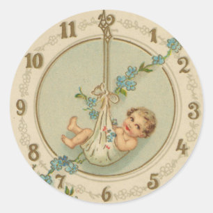 Sticker Rond Bébé du Nouvel An Horloge Vintage