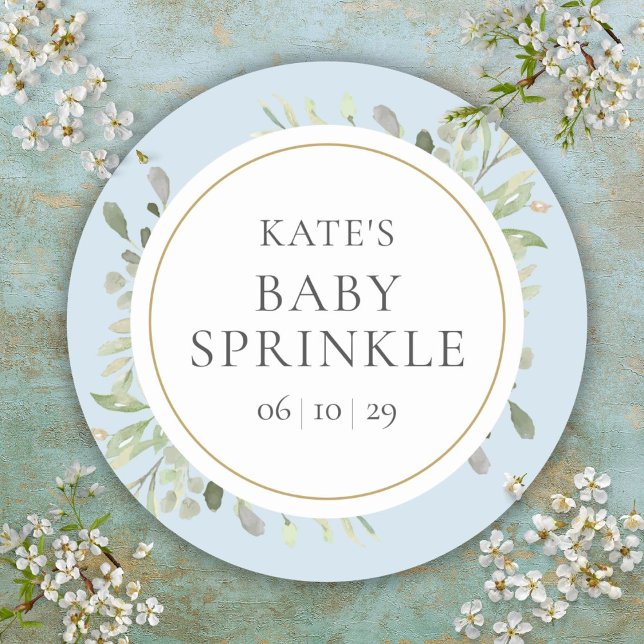 Sticker Rond Bébé élégant garçon saupoudrer de verdure feuillag (Elegant Baby Boy Sprinkle Greenery Foliage Classic Round Sticker)