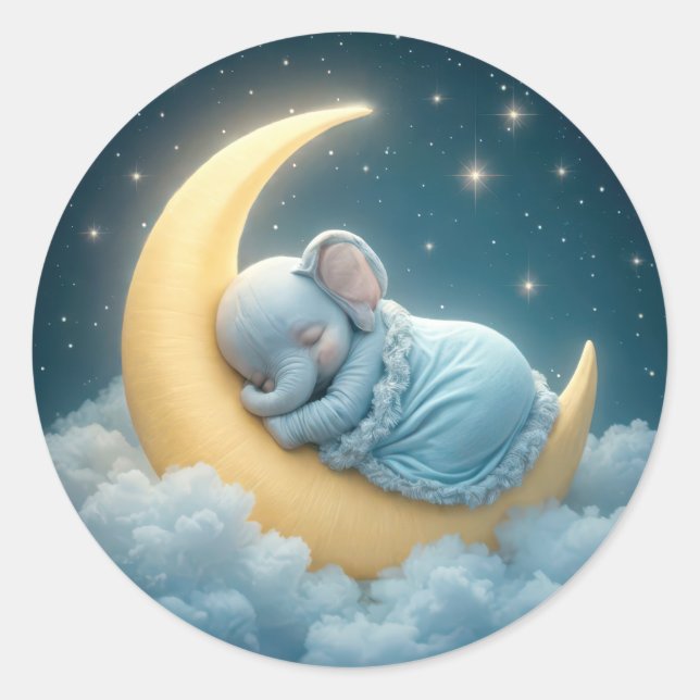 Sticker Rond Bébé Eléphant Bleu dormant sur une lune (Devant)