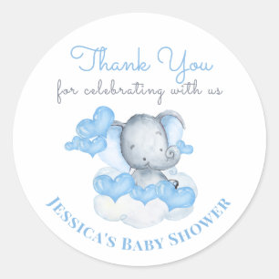 Sticker Rond Bébé éléphant garçon avec des cœurs bleus - Merci