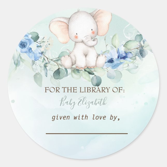 Sticker Rond Bébé éléphant mignon Roses bleues (Devant)
