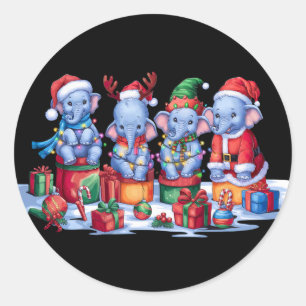 Sticker Rond Bébé éléphant Santa chapeau bois elf lueur de Noël