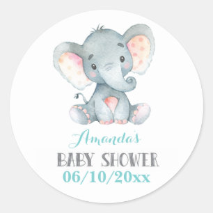Sticker Rond Bébé éléphant Shower Aqua et Gris