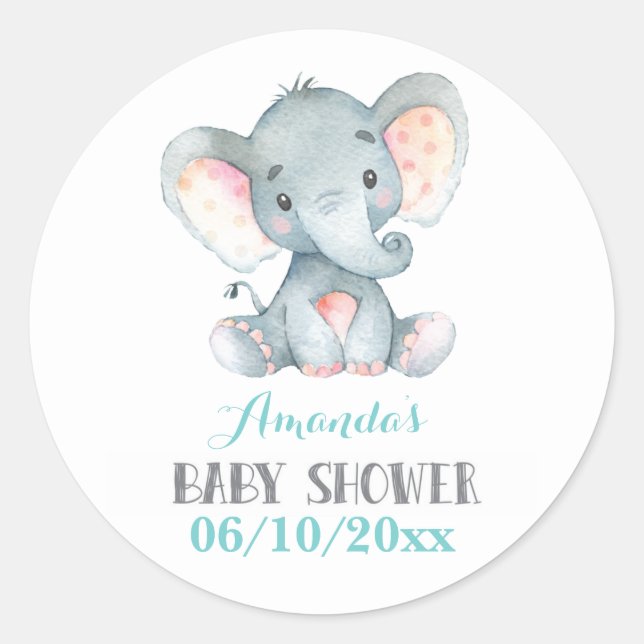Sticker Rond Bébé éléphant Shower Aqua et Gris (Devant)