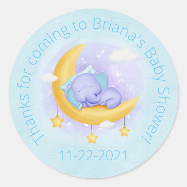 Sticker Rond Bébé éléphant shower pour un garçon en bleu (Devant)
