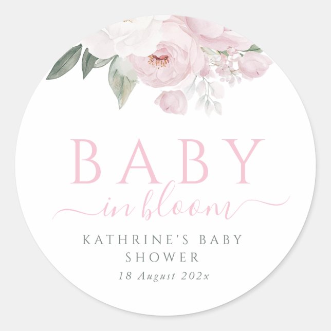 Sticker Rond bébé en fleur baby shower fleuri rose (Devant)