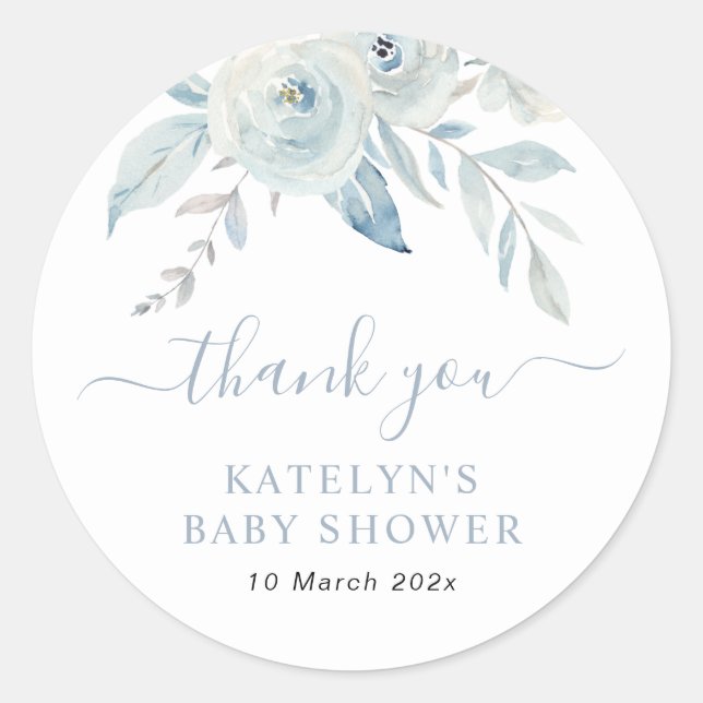Sticker Rond bébé en fleur baby shower floral bleu poussiéreux (Devant)