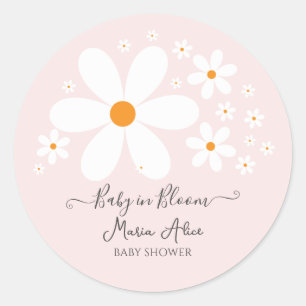 Sticker Rond Bébé en fleur Baby shower rose marguerite