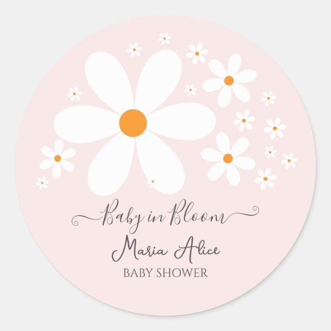 Sticker Rond Bébé en fleur Baby shower rose marguerite (Devant)