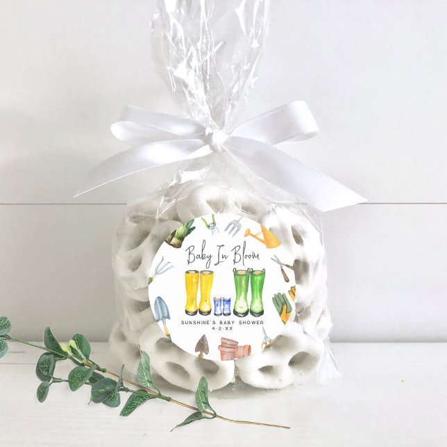 Sticker Rond Bébé en fleur Bleu Pluie Bottes Jardin Baby shower (Créateur téléchargé)