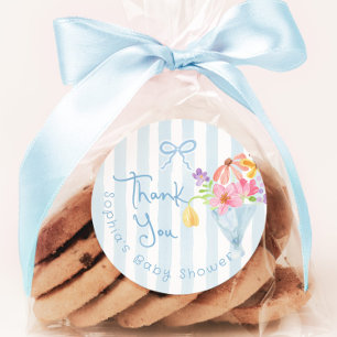 Sticker Rond Bébé en Fleur Bleu Whimsical Tnank vous