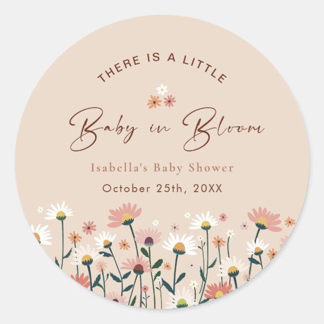 Sticker Rond Bébé en Fleur Boho Chic Floral Jardin Fête Douche (Devant)