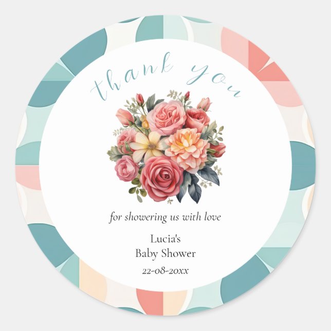 Sticker Rond Bébé en Fleur Carrelage Floral Baby shower Merci (Devant)