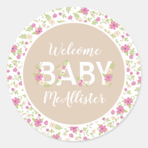 Sticker Rond Bébé en Fleur Douche rose Fleurs Vintages Fille