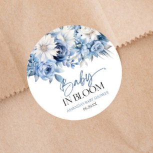 Sticker Rond Bébé En Fleur Dusty Blue Floral Baby shower