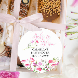 Sticker Rond Bébé en Fleur Fleur sauvage rose Baby shower