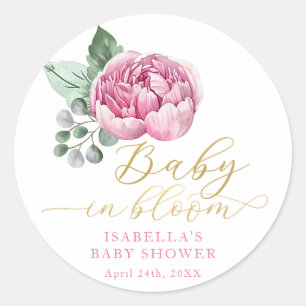 Sticker Rond Bébé en Fleur rose et or Baby shower Floral Fav