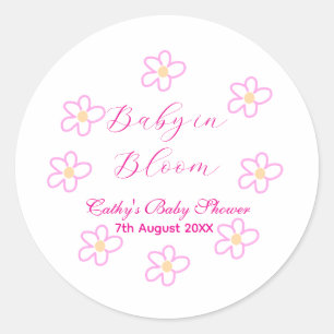 Sticker Rond Bébé en fleur rose fleurie baby shower simple élég