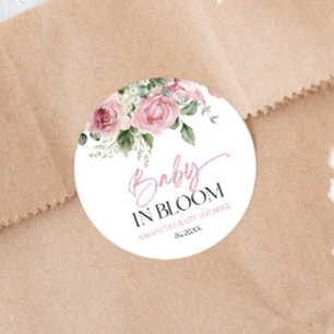 Sticker Rond Bébé En Fleur Rose Rose Baby shower Floral