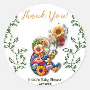 Sticker Rond Bébé en fleur Vin Floral Baby shower feuille