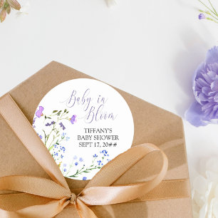 Sticker Rond Bébé en fleur violet Baby shower Fleur sauvage