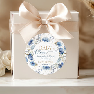 Sticker Rond Bébé en fleurs Baby Shower Botanique Bleu Sauvage
