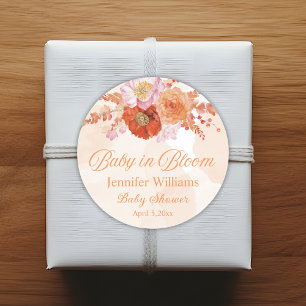 Sticker Rond bébé en fleurs, baby shower orangé fleuri design