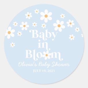 Sticker Rond Bébé en fleurs ! Baby shower rétro bohème bleu fle