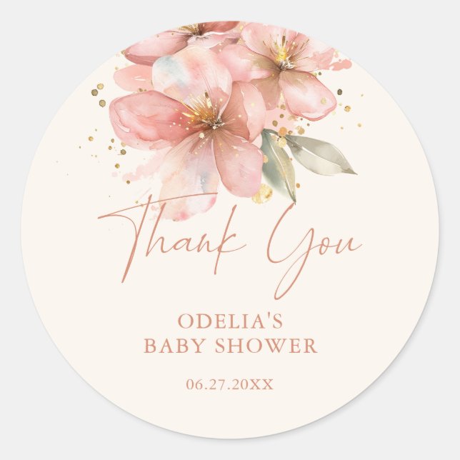 Sticker Rond Bébé en fleurs rose Baby shower Floral Merci (Devant)