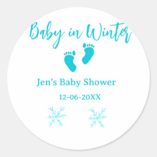 Sticker Rond Bébé en hiver baby shower bleu bébé pieds snowflak