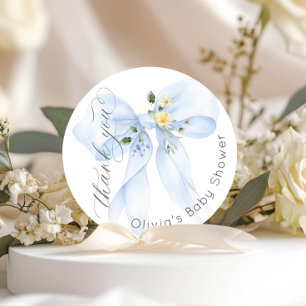 Sticker Rond Bébé en Merci Floral Bow bleu fleur