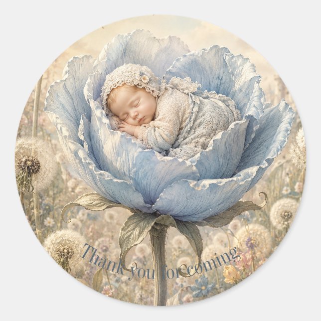 Sticker Rond Bébé endormi fleur bleue Merci (Devant)
