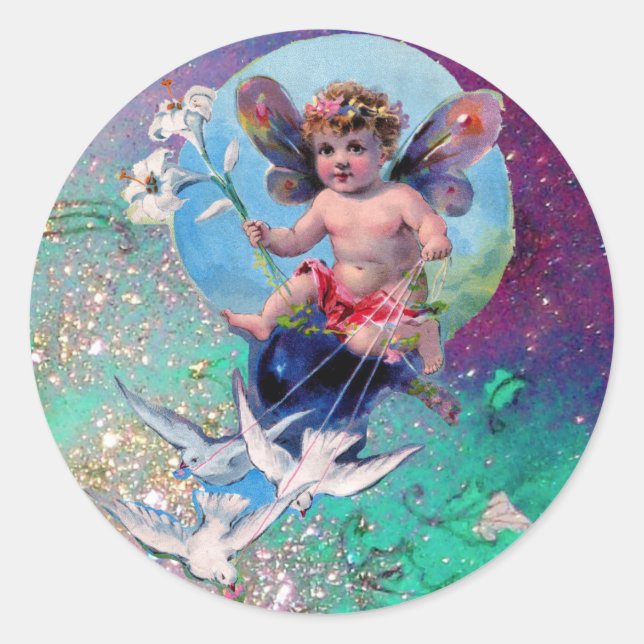Sticker Rond BÉBÉ FAIRY AVEC DES POIDS EN PARKLES bleu vert (Devant)