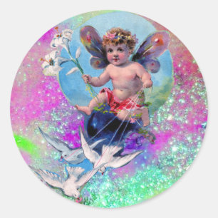 Sticker Rond BÉBÉ FAIRY AVEC DES POIDS EN SPARKLES bleu violet 