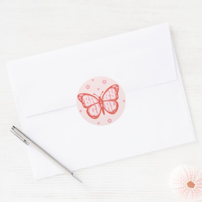 Sticker Rond Bébé fille Baby shower papillon rose Confetti (Enveloppe)