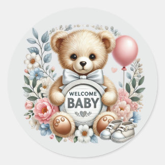 Sticker Rond Bébé fille bienvenue ours