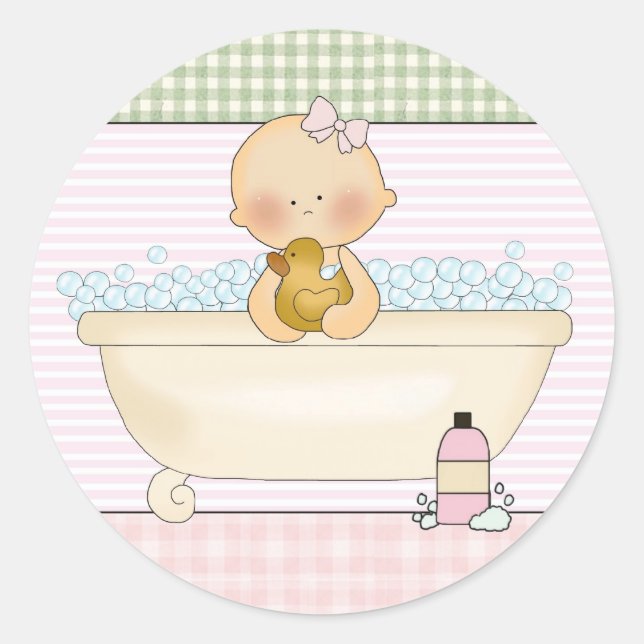 Sticker Rond Bébé Fille Dans Une Baignoire Avec Bulles (Devant)