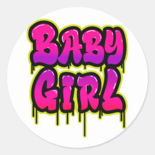 Sticker Rond Bébé Fille Mot Art au Goutte à Goutte Peinture en 