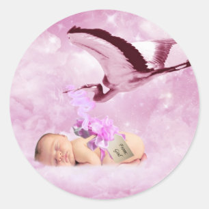 Sticker Rond Bébé fille nuages roses et cigogne