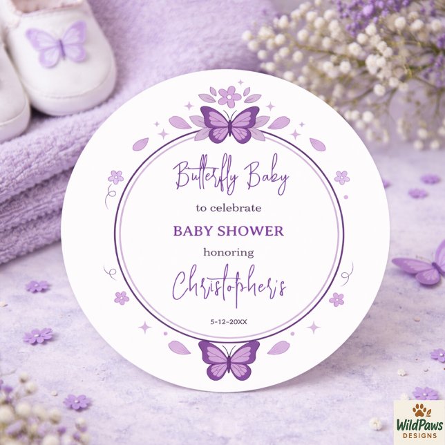 Sticker Rond Bébé Fille Papillon Violet Célébration de Naissanc (Purple Butterfly Baby Girl Baby Shower Classic Round Sticker
)