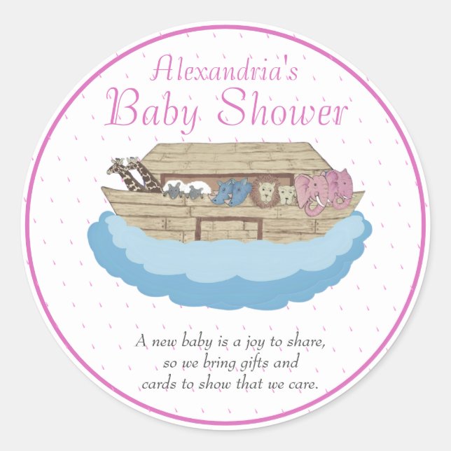 Sticker Rond Bébé fille rose Noah's Ark Baby shower Invitation (Devant)