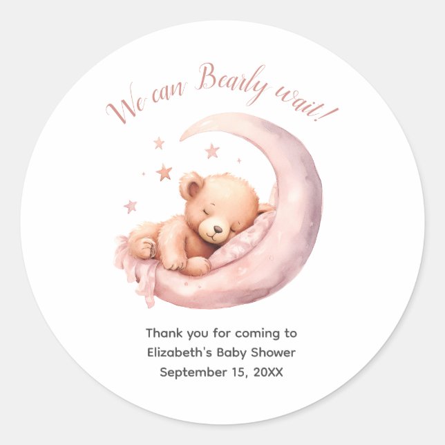 Sticker Rond Bébé Fille rose Ours Lune Baby shower d'attente pr (Devant)
