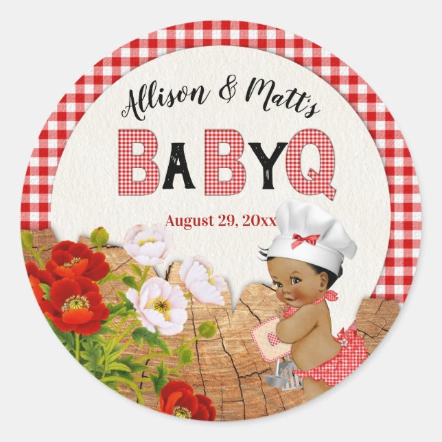 Sticker Rond Bébé Fille Rouge Gingham Bois Floral Bébé Q BBQ (Devant)